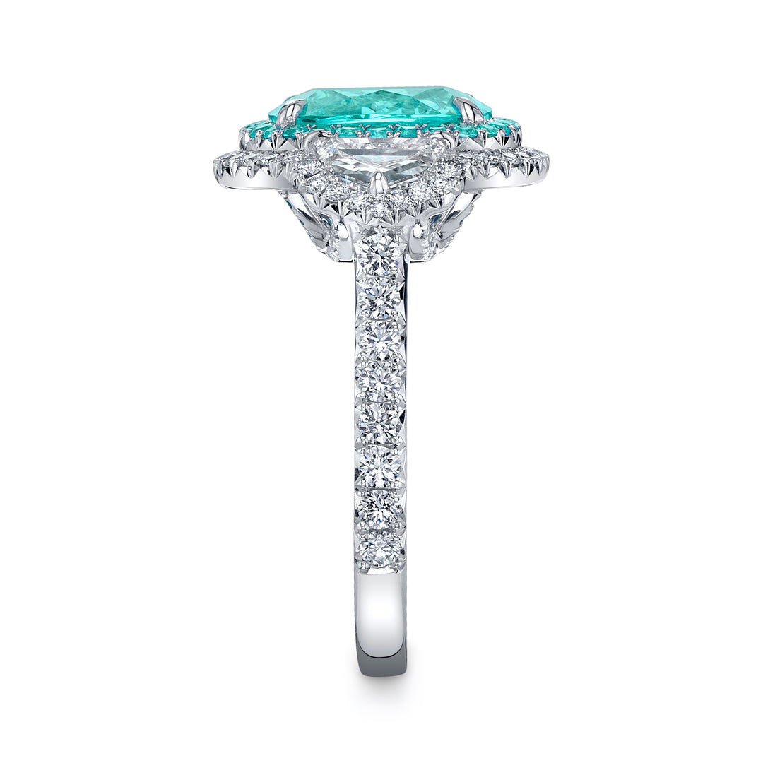 Platinum "Duet" Ring with 4.16 carat Cushion Shaped Paraiba-Type Tourmaline with 2 Diamond Epaulettes