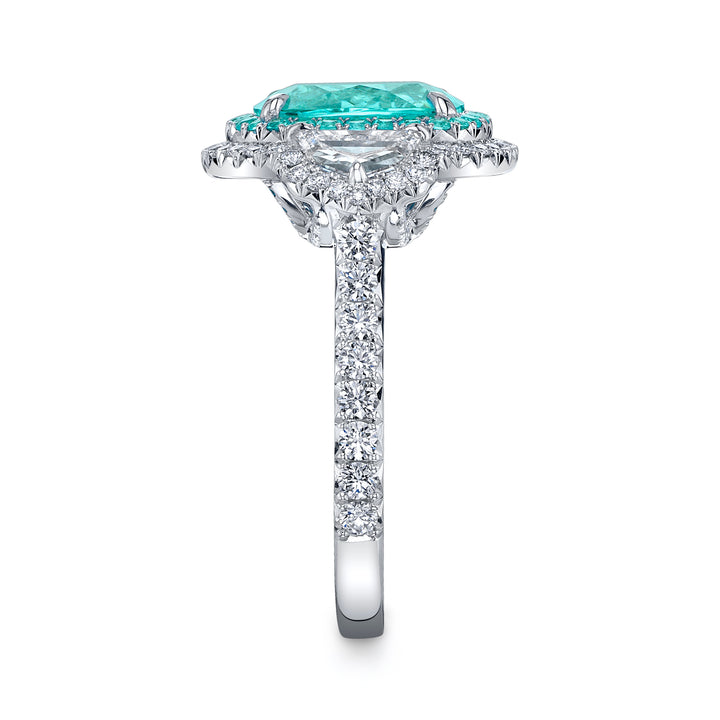 Platinum "Duet" Ring with 4.16 carat Cushion Shaped Paraiba-Type Tourmaline with 2 Diamond Epaulettes