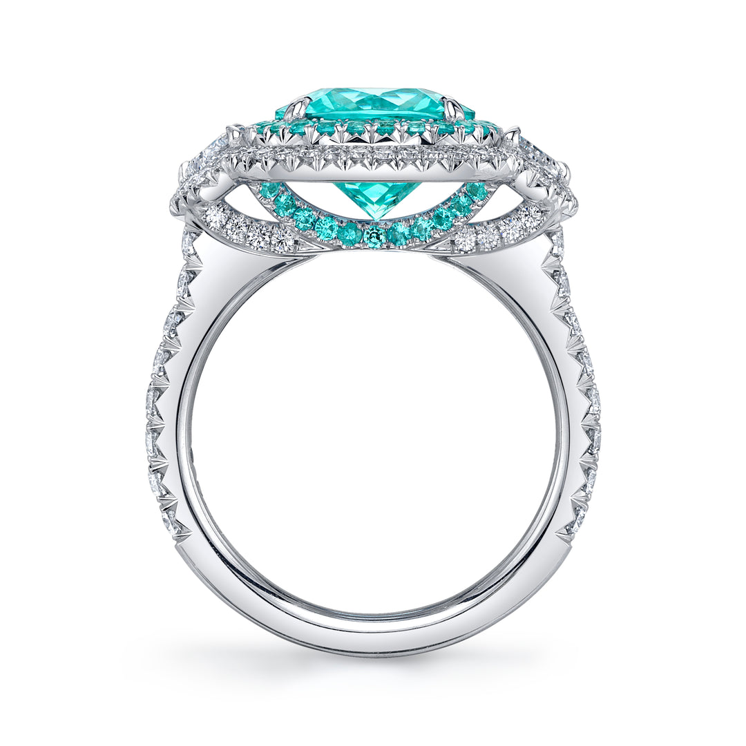 Platinum "Duet" Ring with 4.16 carat Cushion Shaped Paraiba-Type Tourmaline with 2 Diamond Epaulettes