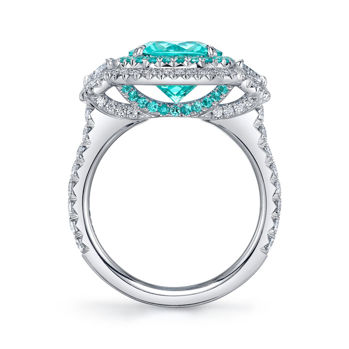 Platinum "Duet" Ring with 4.16 carat Cushion Shaped Paraiba-Type Tourmaline with 2 Diamond Epaulettes