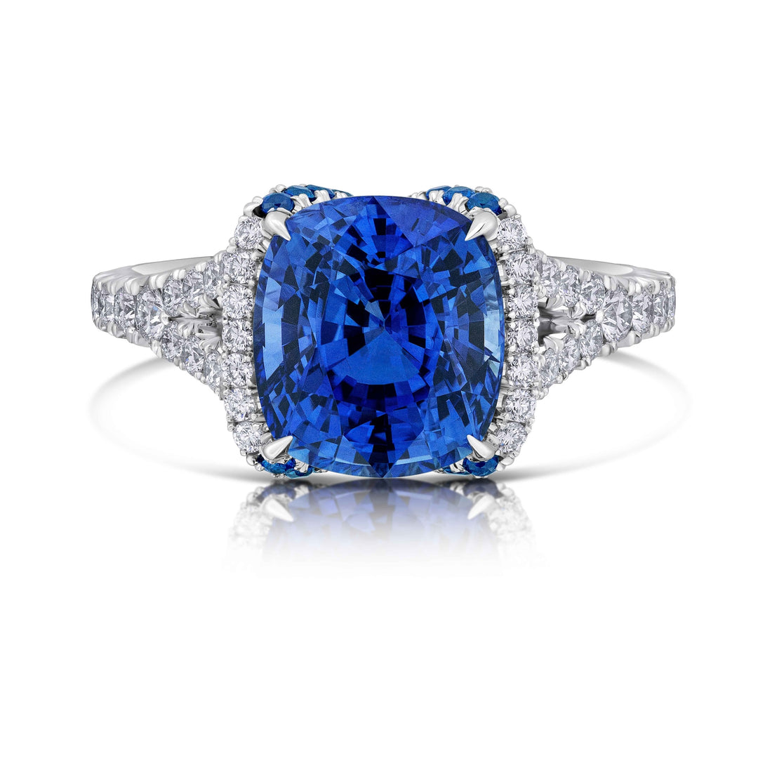 Platinum "Dorê"  Ring with 5.58 carat Cushion Sapphire Center, Sapphire and Diamond Accents