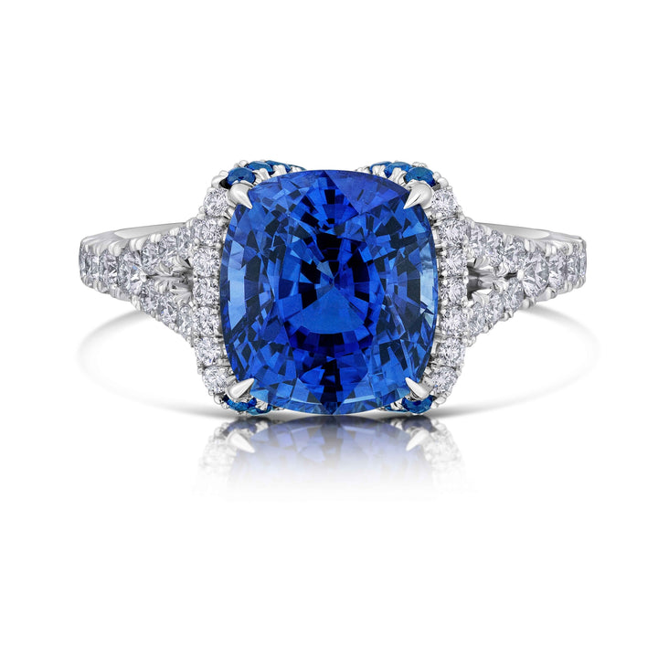 Platinum "Dorê"  Ring with 5.58 carat Cushion Sapphire Center, Sapphire and Diamond Accents