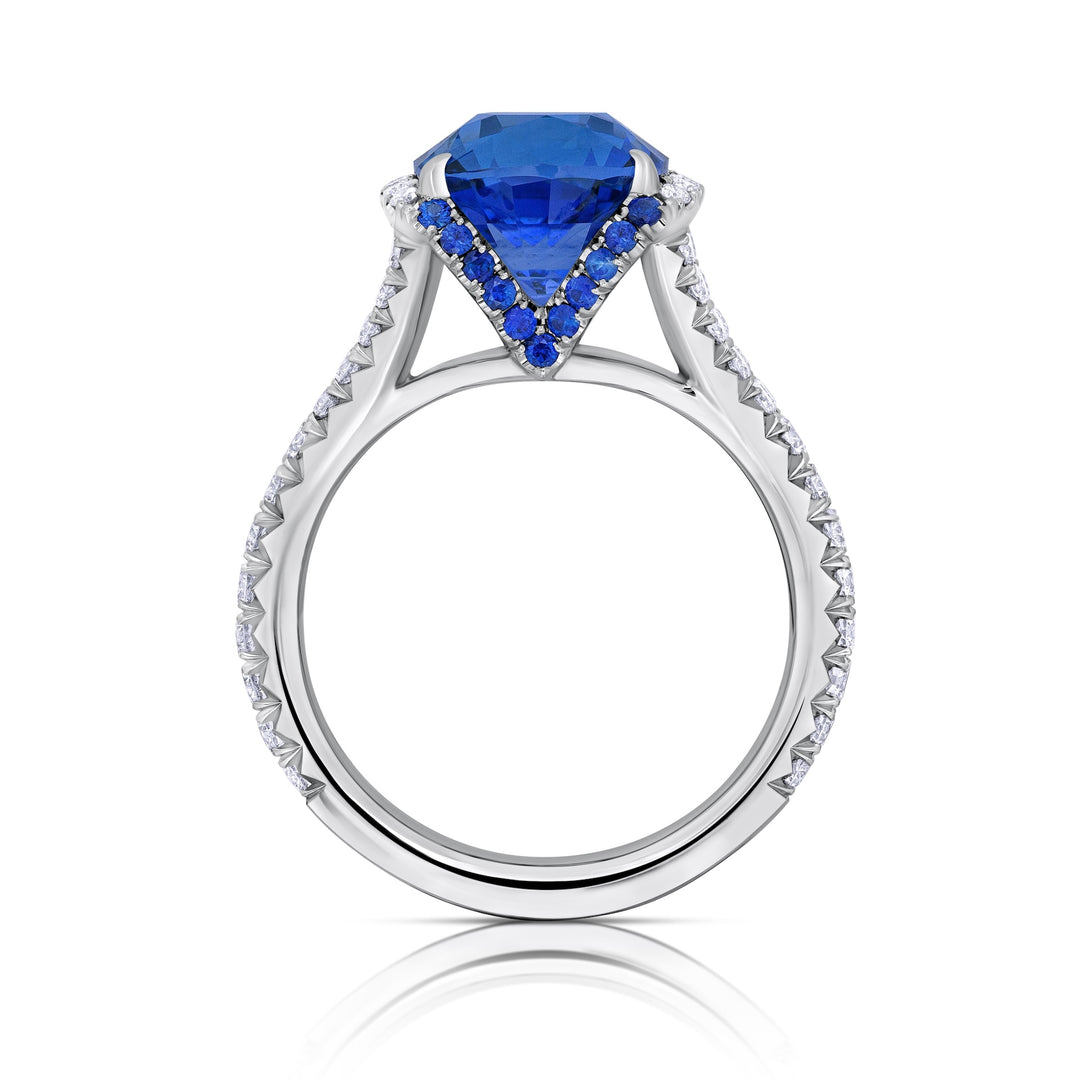 Platinum "Dorê"  Ring with 5.58 carat Cushion Sapphire Center, Sapphire and Diamond Accents