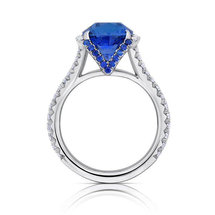 Platinum "Dorê"  Ring with 5.58 carat Cushion Sapphire Center, Sapphire and Diamond Accents