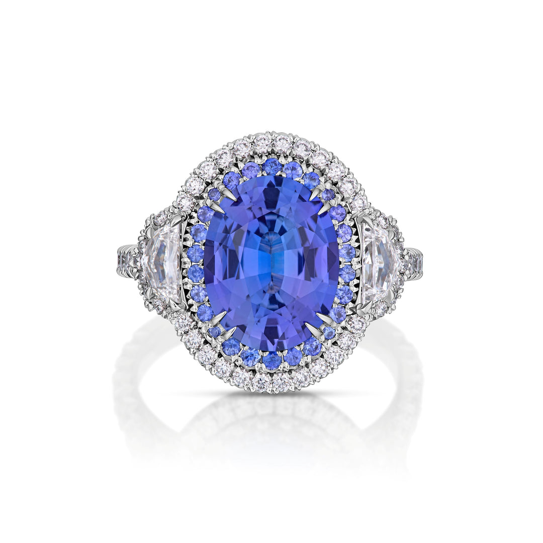 Platinum "Duet" Ring with 4.60 carat Oval Color Change Sapphire Center, Diamond and Sapphire Accents