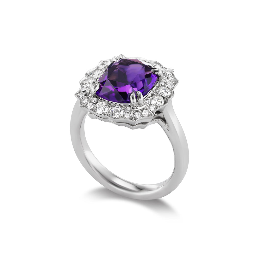 Platinum Hyde Pave Diamonds &  Amethyst Ring