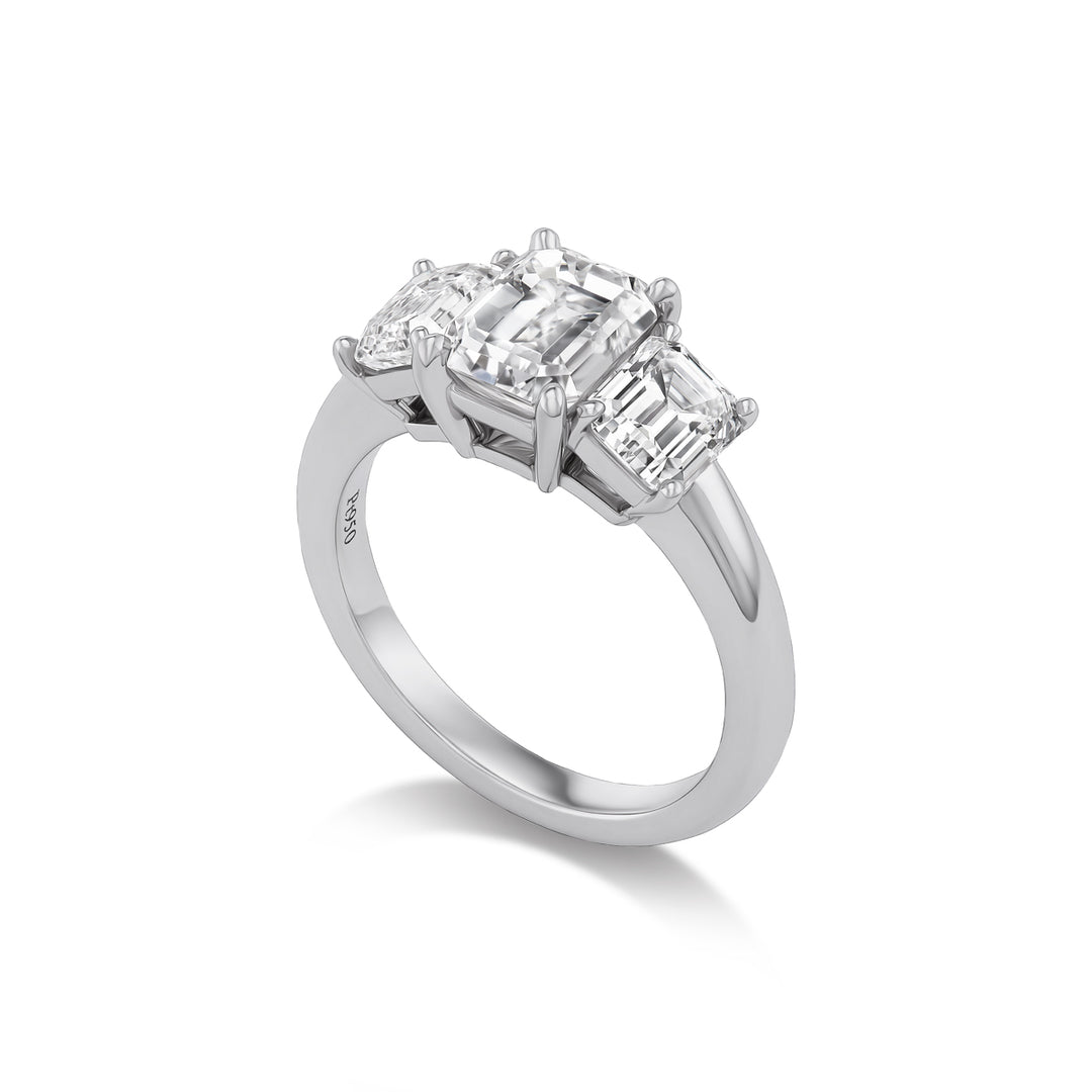 Platinum Three Stone Ring with 2.0 ct Emerald Cut Diamond Center