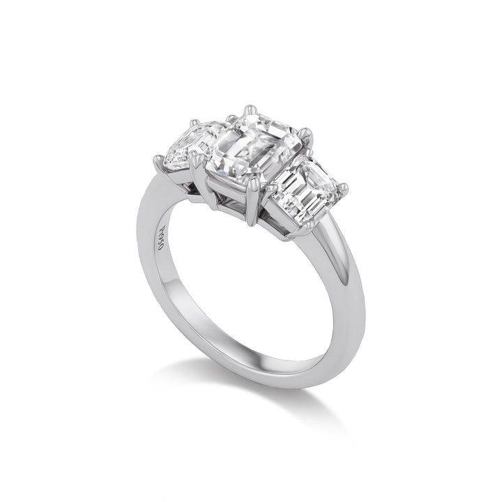 Platinum Three Stone Ring with 2.0 ct Emerald Cut Diamond Center
