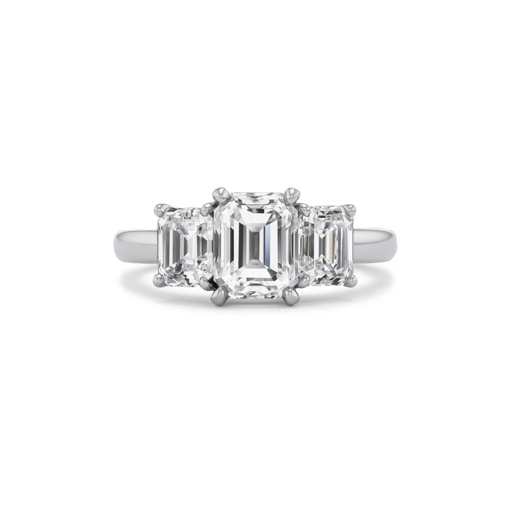 Platinum Three Stone Ring with 2.0 ct Emerald Cut Diamond Center