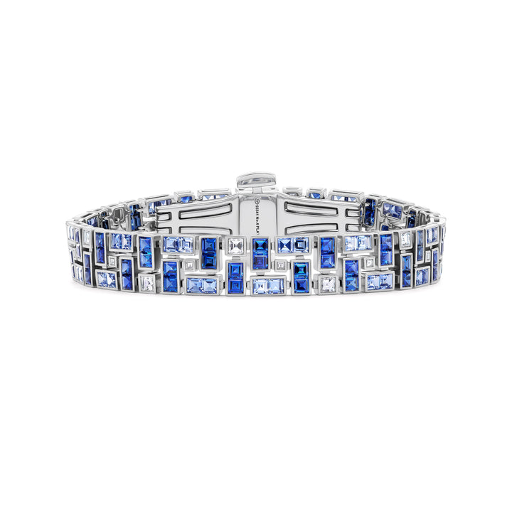 Platinum and 18K White Gold Chic Masterpiece Bracelet with French Cut Light & Medium Blue Sapphires and Square Diamonds