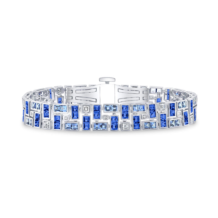 Platinum and 18K White Gold Chic Masterpiece Bracelet with French Cut Light & Medium Blue Sapphires and Square Diamonds