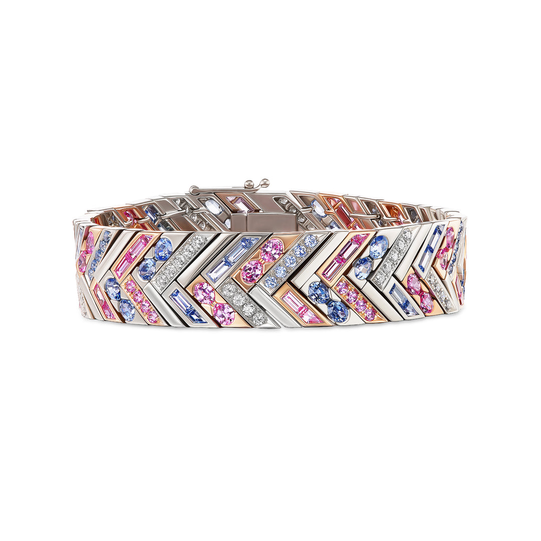 Platinum & 18K Rose Gold Masterpiece Chevron Bracelet with Light Blue and Pink Sapphires and Round Brilliant Cut Diamonds