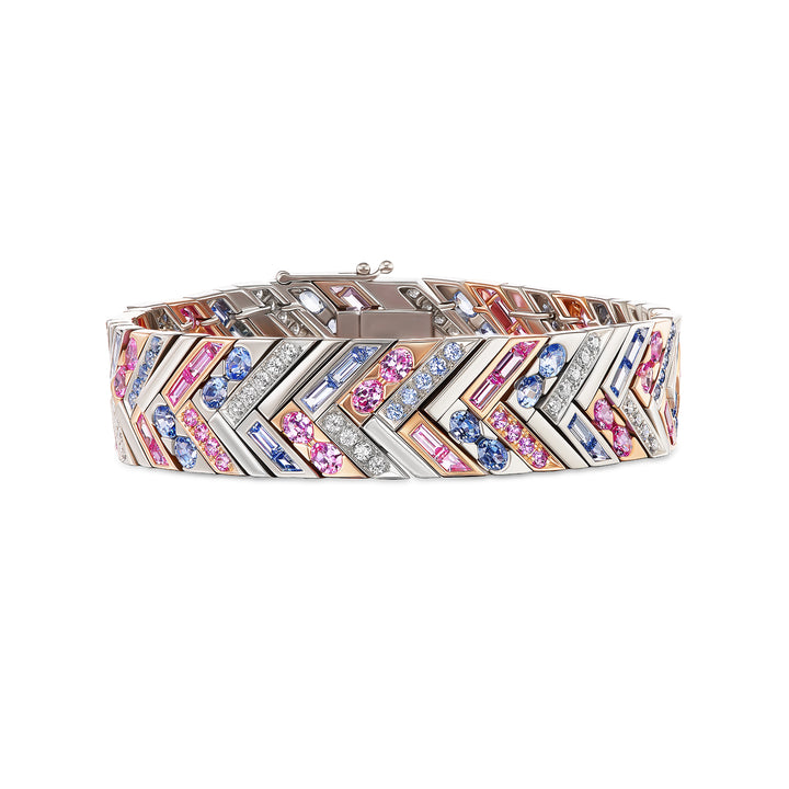 Platinum & 18K Rose Gold Masterpiece Chevron Bracelet with Light Blue and Pink Sapphires and Round Brilliant Cut Diamonds