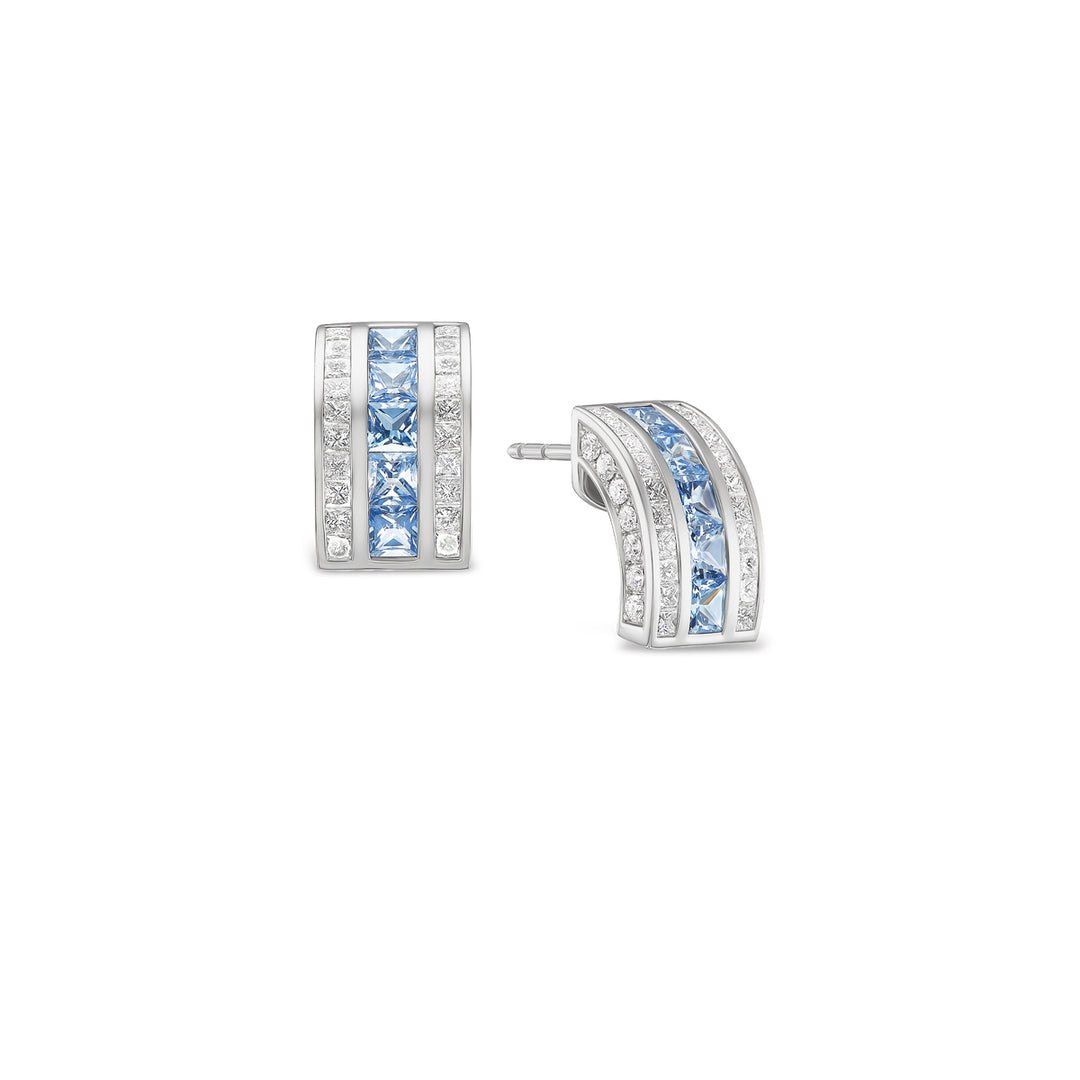 Platinum Masterpiece Earrings with Square Light Blue Sapphires and French Cut Diamonds