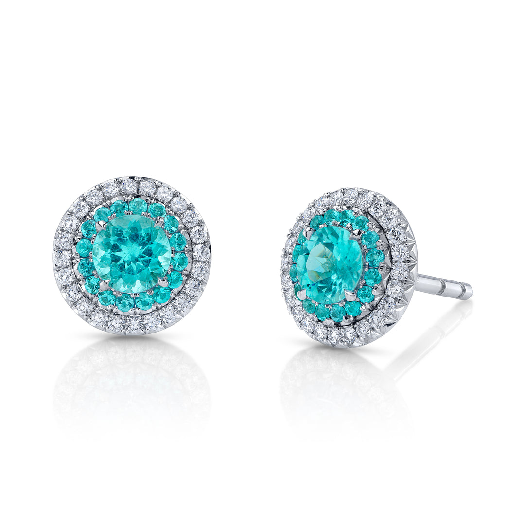 Platinum "Duet" Earrings with Round Brazilian Paraiba Tourmaline Centers (0.68 cttw) and Diamonds