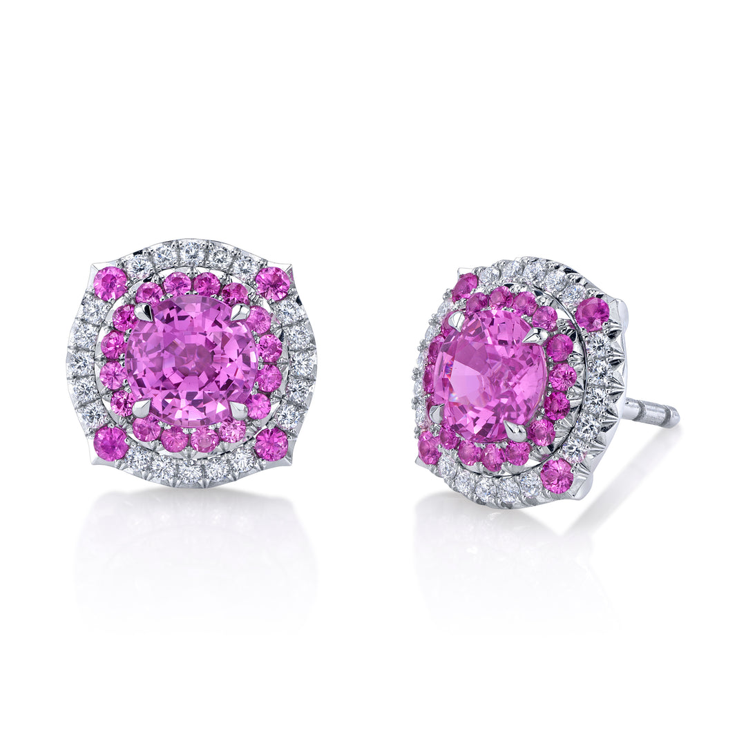 Platinum "Duet" Earrings with 2 Round Pink Sapphires (2.04 cttw),  Pink Sapphire and Diamond Halos
