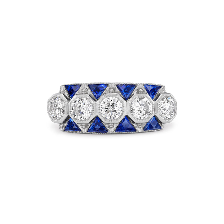 Platinum Ring with 5 Diamonds & Sapphires