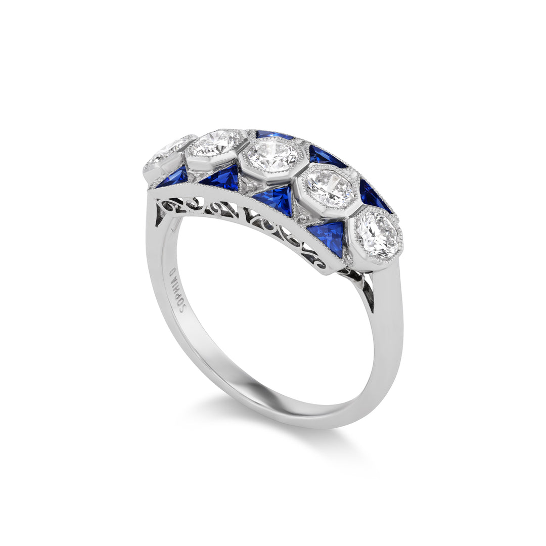Platinum Ring with 5 Diamonds & Sapphires