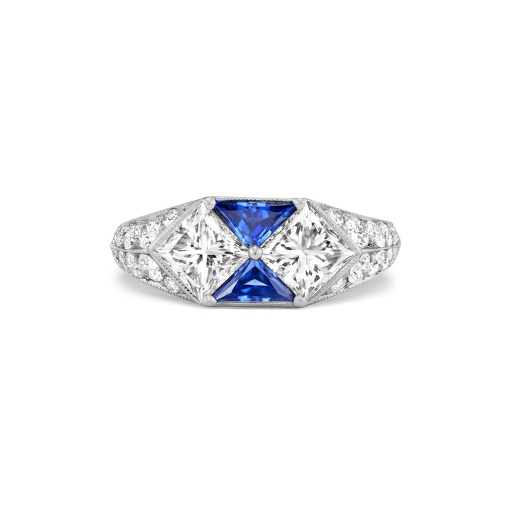 Platinum Ring with Center Princess Diamonds & Sapphires