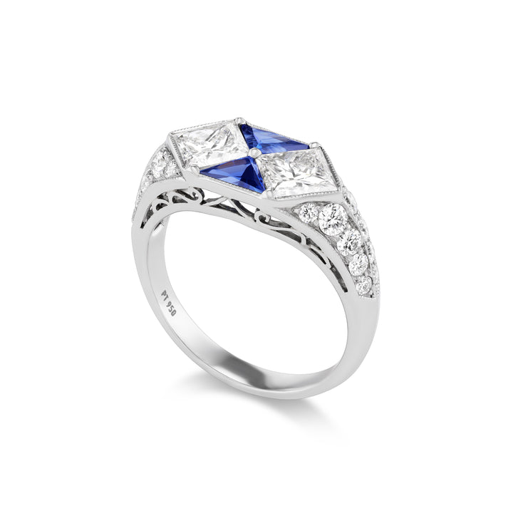 Platinum Ring with Center Princess Diamonds & Sapphires