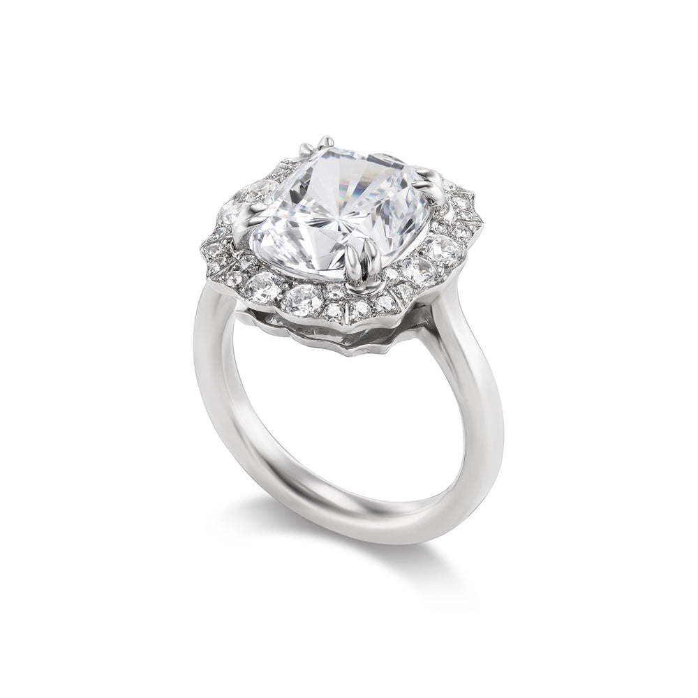 Platinum 4 Carat Cushion & Pave Engagement Ring Side View