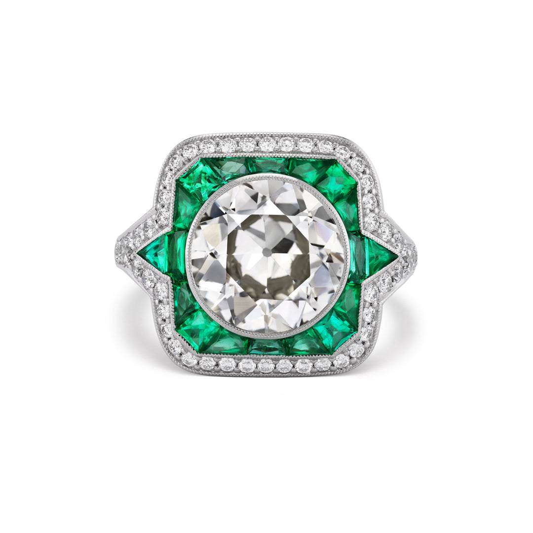 Platinum Art Deco Style Ring with 3.82 Carat Round Brilliant Diamond and Emeralds Stone