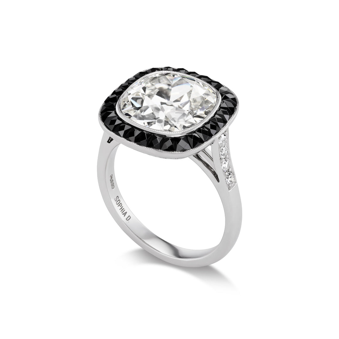 Platinum Cushion Cut Diamond Ring with Black Onyx Side View