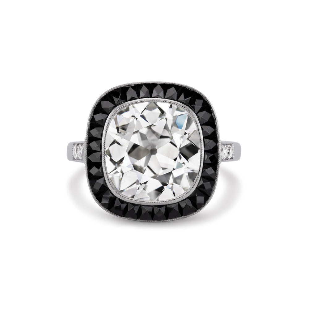 Platinum Cushion Cut Diamond Ring with Black Onyx Stone