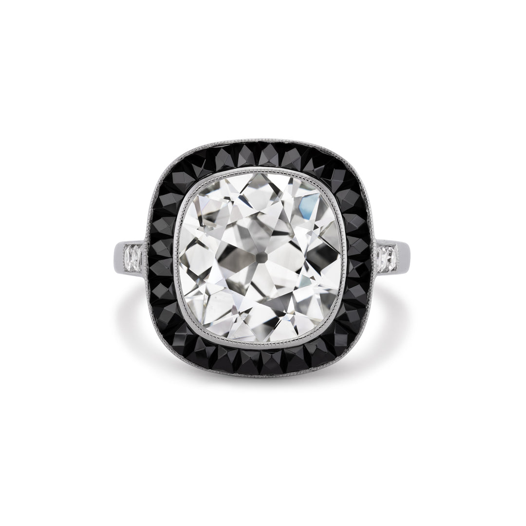 Platinum Cushion Cut Diamond Ring with Black Onyx Stone
