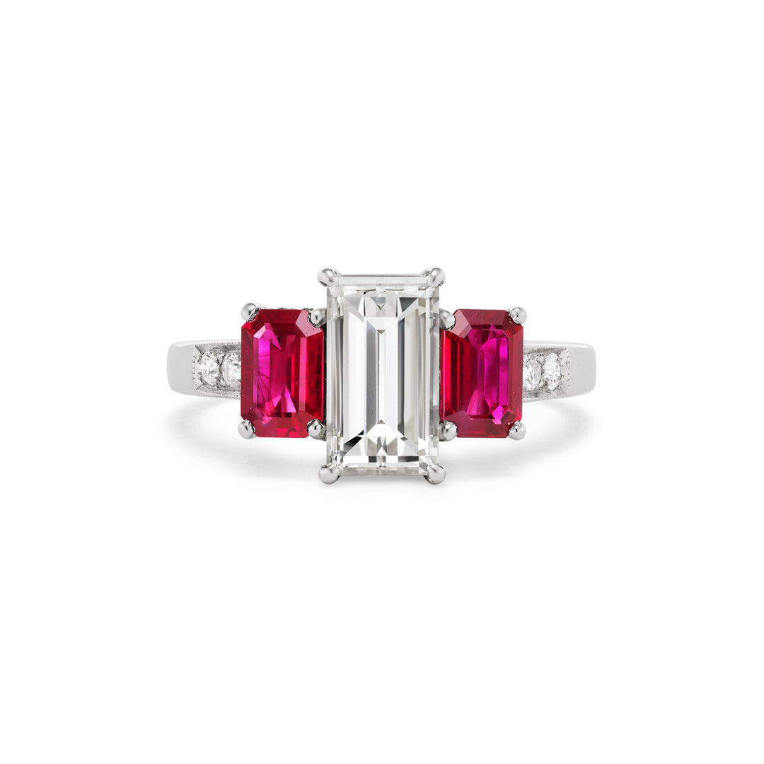 Platinum Ring with Emerald Cut Diamond & Two Emerald Cut Rubies