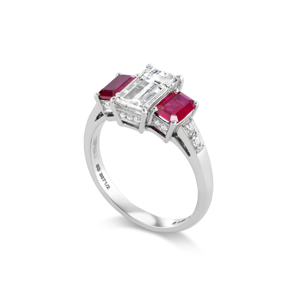 Platinum Ring with Emerald Cut Diamond & Two Emerald Cut Rubies Side