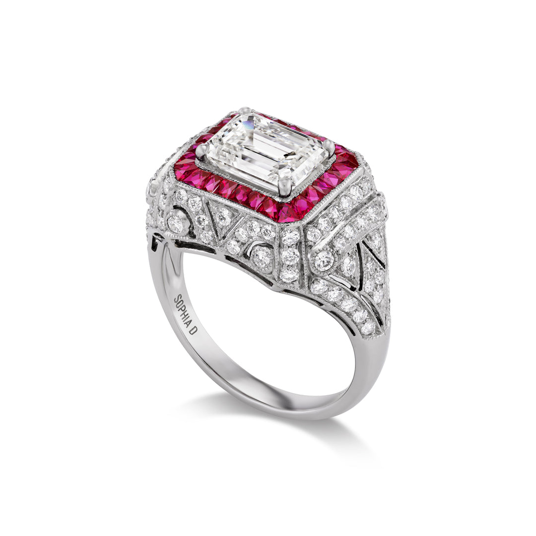 Platinum Vintage Inspired Ring with Emerald Cut Diamond and Rubies Side View