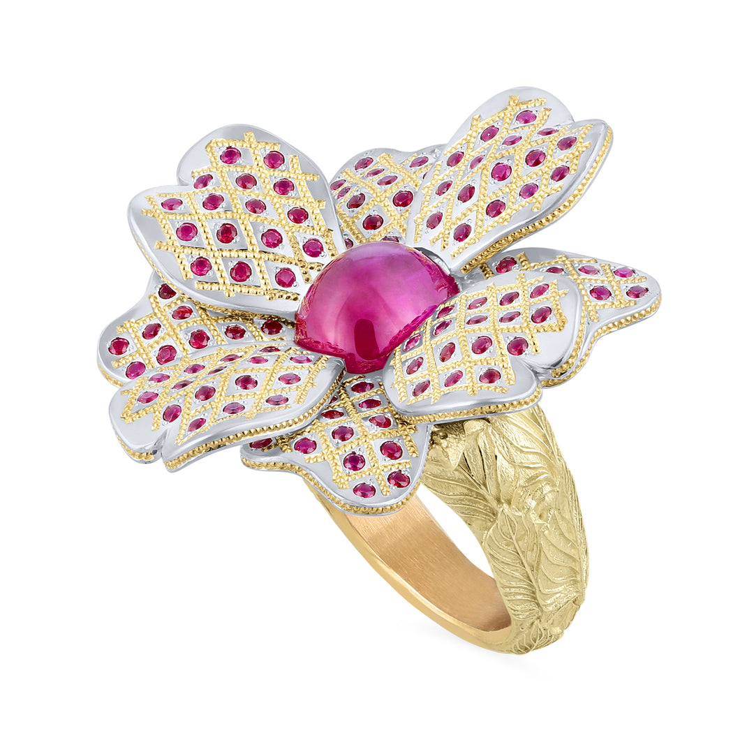 Platinum and Gold Ruby Flower Power Ring Close Up
