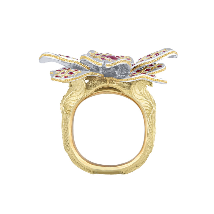 Platinum and Gold Ruby Flower Power Ring Side