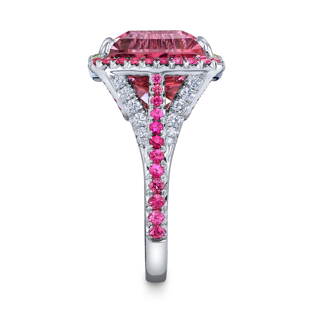 One of a Kind Platinum Ring with a 12.42 carat Emerald Cut Bi-Color Tourmaline, Spinels, Demantoid Garnets & Diamonds