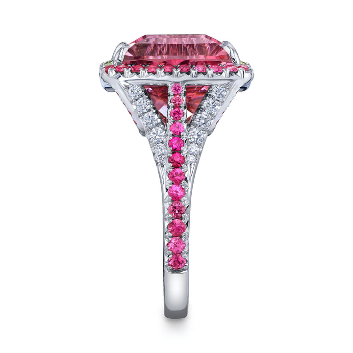 One of a Kind Platinum Ring with a 12.42 carat Emerald Cut Bi-Color Tourmaline, Spinels, Demantoid Garnets & Diamonds