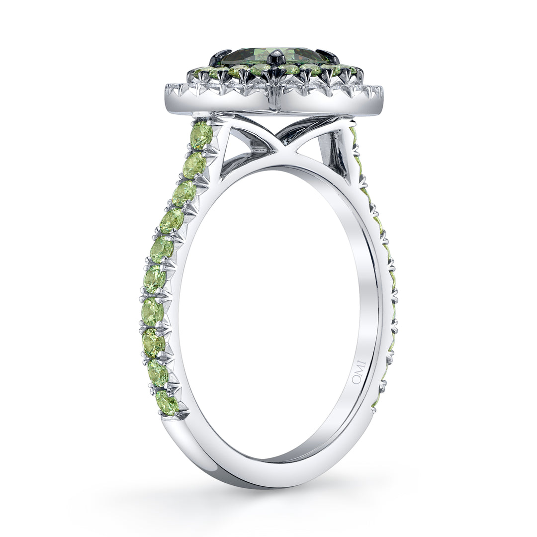 Platinum with Black Rhodium "Duet" Ring with Cushion Shaped Demantoid Garnet,  Demantoid Garnet Halo & Band