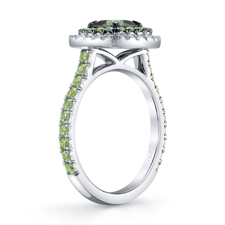 Platinum with Black Rhodium "Duet" Ring with Cushion Shaped Demantoid Garnet,  Demantoid Garnet Halo & Band