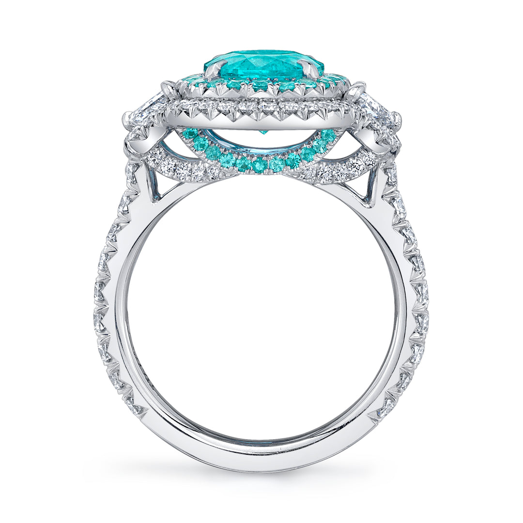 Platinum "Duet" Ring with 3.40 carat Oval Paraiba-Type Tourmaline & Cadillac Diamonds on the Side