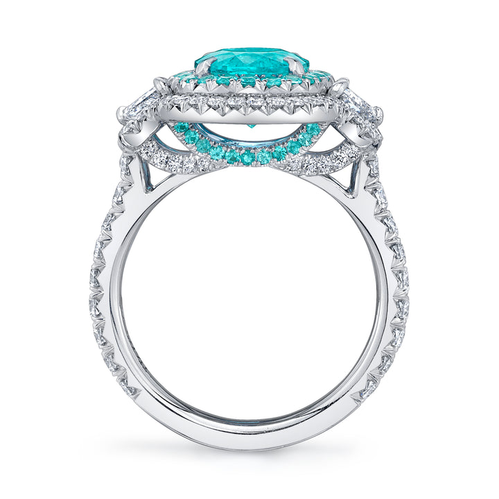 Platinum "Duet" Ring with 3.40 carat Oval Paraiba-Type Tourmaline & Cadillac Diamonds on the Side