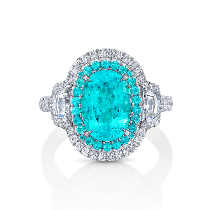 Platinum "Duet" Ring with 3.40 carat Oval Paraiba-Type Tourmaline & Cadillac Diamonds on the Side
