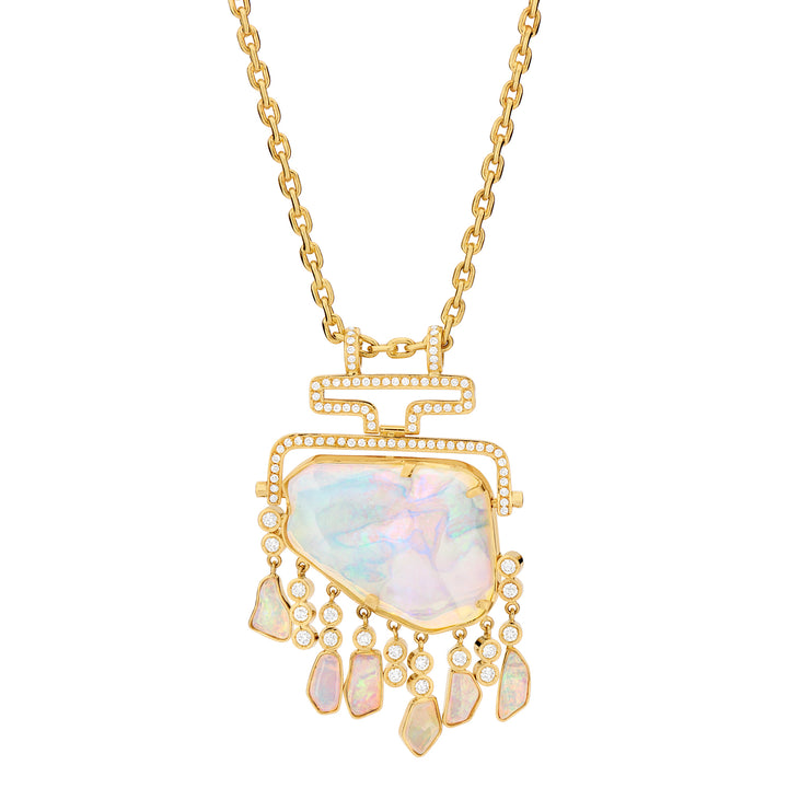 18K Yellow Gold White Opal and Diamond Pendant