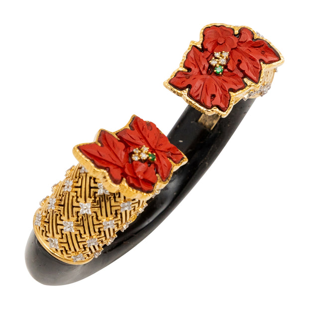 18K Yellow Gold Black Wood, Chinese Cinnabar Lacquer, Tsavorite and Rose Cut Diamond Bangle Bracelet
