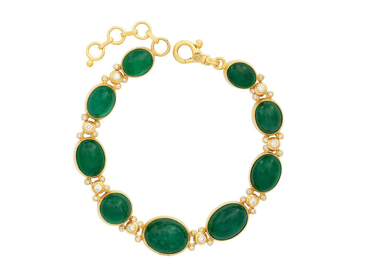 One of a Kind. 24K Yellow Gold, Cabochon Emerald and Diamond Bracelet