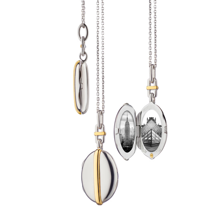 Two-Tone Sterling Silver and 18K Yellow Gold Slim Oval "Tess" Locket with Center Gold Stripe