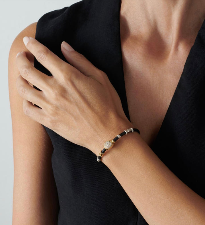 18K Yellow Gold and Sterling Silver Toyama Bay  Leather Bracelet with Pave Set Diamonds