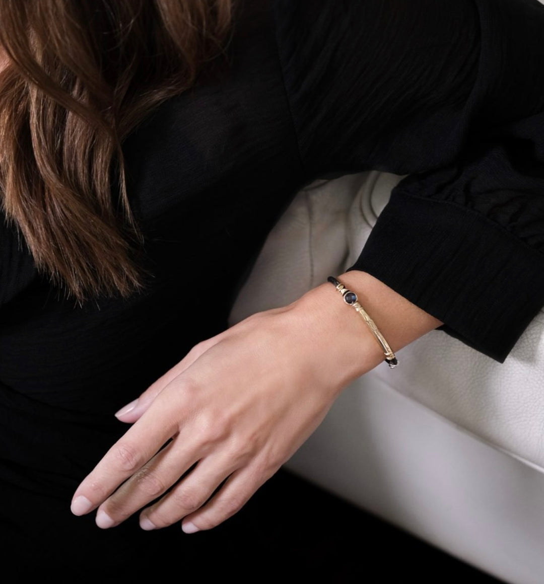 Leather Bracelet with Sterling Silver, 18K Yellow Gold and Round London Blue Topaz