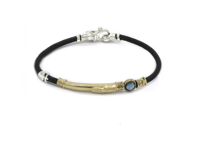 Leather Bracelet with Sterling Silver, 18K Yellow Gold and Round London Blue Topaz