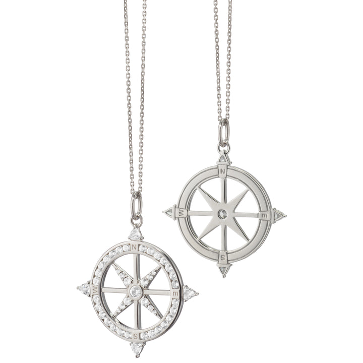 Sterling Silver, White Sapphire (1.46 cttw) and Rock Crystal Large "Adventure" Compass Charm