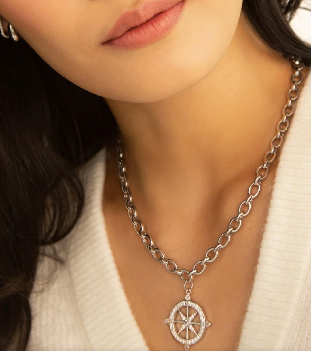 Sterling Silver, White Sapphire (1.46 cttw) and Rock Crystal Large "Adventure" Compass Charm